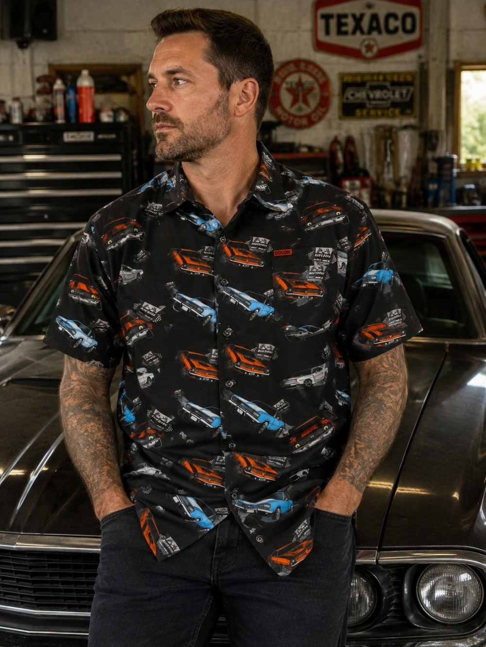 Dixxon Men's Black Short-Sleeve Car Print Shirt
